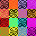 Set of psychedelic spirals in comic style. Seamless pattern from colorfull spirals on bright square background