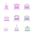 Set of public, government & commercial city buildings and institutions. Thin black line art icons. Linear style illustrations isol Royalty Free Stock Photo