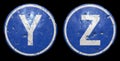 Set of public road sign in blue color with a capitol white letters Y and Z in the center isolated black background. 3d