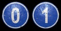 Set of public road sign in blue color with a capitol white numbers 0 and 1 in the center isolated black background. 3d