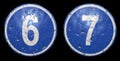 Set of public road sign in blue color with a capitol white numbers 6 and 7 in the center isolated black background. 3d