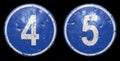 Set of public road sign in blue color with a capitol white numbers 4 and 5 in the center isolated black background. 3d