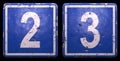 Set of public road sign in blue color with a white numbers 2 and 3 in the center isolated black background. 3d