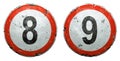 Set of public road signs in red and white with a numbers 8, 9 in the center isolated on white background. 3d