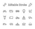 Set of Public Transport Related Vector Line Icons. Contains such Icons as Bus, Bike, Scooter, Car, balloon, Truck, Tram