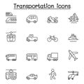 Set of Public transport Related Vector Line Icons. Contains such Icons as, train, car, bicycle, boat, yacht, truck, bus, walking,