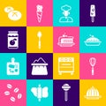 Set Pudding custard, Kitchen whisk, Homemade pie, Cook, Spoon, Jam jar, Bread loaf and Piece of cake icon. Vector