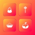 Set Pudding custard, Lollipop, Flour bowl and Apple caramel icon. Vector