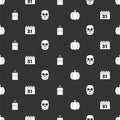 Set Pumpkin, Calendar with Halloween, Burning candle and Skull on seamless pattern. Vector