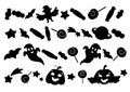 Set of pumpkin elements, ghosts, sweets, stars. Black silhouette. Design element. Vector illustration isolated on white background Royalty Free Stock Photo