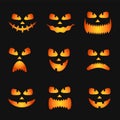 Set of pumpkin faces silhouette icons for Halloween isolated on black background. Scary pumpkin devil smile, spooky jack Royalty Free Stock Photo