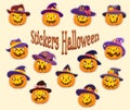 Set of pumpkin jack lantern stickers in funny hats. Isolated items