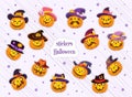 Set of pumpkin jack lantern stickers in funny hats. Isolated items