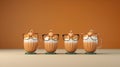 Set of pumpkin latte coffee glasses. Autumn or winter hot coffee drinks illustration on marron background, creative, copy space.