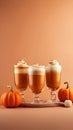 Set of pumpkin latte coffee glasses. Autumn or winter hot coffee drinks illustration on marron background, vertical image. Pumpkin