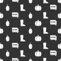 Set Pumpkin, Speech bubble with text autumn, Plum fruit and Waterproof rubber boot on seamless pattern. Vector