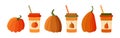 Set of pumpkin spice seasonal flavored products, coffee, latte. Autumn drinks and pumpkin Royalty Free Stock Photo