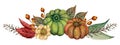 Set of pumpkin sunflower botanical and foliage leaves graphic wreath border bouquet style hand drawn watercolor gouache