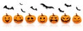 Set pumpkin on white background with black bat. The main symbol of the Happy Halloween holiday. Orange pumpkin with smile for your Royalty Free Stock Photo