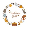 A set of pumpkins with autumn elements in the doodle style. White isolated vector background Royalty Free Stock Photo