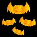 Flying angry and scary yellow pumpkins with bats wings on a black background. Halloween theme. Vector illustration. Royalty Free Stock Photo