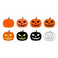 Set of pumpkins in different styles isolated on white background. Gourd with glowing eyes. Black squash. Cartoon vector