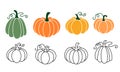 A set of pumpkins in various shapes, black outlined and colored. Vector collection of cute hand drawn pumpkins on white background
