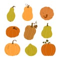 A set of pumpkins in various shapes. Vector collection of cute hand drawn pumpkins on white background. Royalty Free Stock Photo
