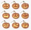 Set of pumpkins on a white background. Halloween photo with horror face for cards. Royalty Free Stock Photo