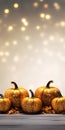 Set of pumpkins on wooden table on blurred holiday background with autumn leaves. Autumn background. Holiday concept - Halloween