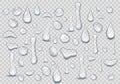 Set of Pure clear Drops of water on a transparent background. Realistic water background with drops isolated. Vector Royalty Free Stock Photo