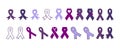 Set of purple awareness ribbon icons. Dementia awareness, cancer, epilepsy, against homophobia and domestic violence