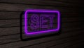 Set purple color neon fluorescent tubes signs on wooden wall. 3D render, illustration, poster, banner. Inscription, concept on Royalty Free Stock Photo