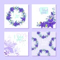 Set with purple flowers wreath pattern and postcards Royalty Free Stock Photo