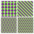 Set of purple green optical illusion seamless patterns of moving squares, diagonal stripes, rhombuses and six pointed stars