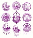 Set purple illustrations, sign for Ramadan Kareem with lantern, towers of mosque, crescent
