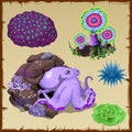 Set of purple octopus and underwater vegetation