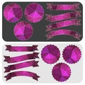 Set of purple ribbons and emblems of the polygonal pattern. Vector