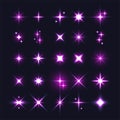 Set of purple sparkles icons. Collection of star shine symbol design on dark blue background. Magic particle effect icon.