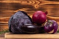 Set of purple vegetables like onion, daikon radish, cabbage, eggplant and rosemary leaves on a cutting board Royalty Free Stock Photo