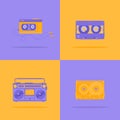 A set of purple and yellow boombox, audio player and audio cassette. Vector illustration