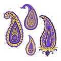 Set of purple and yellow paisley motifs isolated on white