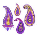 Set of purple and yellow paisley motifs isolated on white