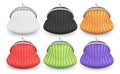 Set of purses of different colors on a white background