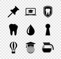 Set Push pin, Graduation cap on laptop, Dental protection, Hot air balloon, globe and Coffee pot icon. Vector