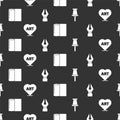 Set Push pin, Heart with text art, Paper towel roll and Fountain pen nib on seamless pattern. Vector Royalty Free Stock Photo