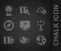 Set Push pin, Location on the globe, Road traffic sign, Folded map with location marker, Compass, Toll road and Map icon