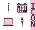 Set Push pin, Pencil with eraser, Laptop and Calendar icon. Vector