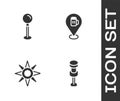 Set Push pin, , Wind rose and Alcohol or beer bar location icon. Vector Royalty Free Stock Photo