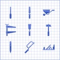 Set Putty knife, Hacksaw, Wood plane tool, Hammer, Pencil with eraser, Clamp, Wheelbarrow and Screwdriver icon. Vector